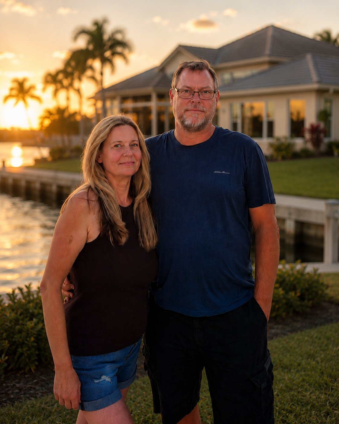 Christina and Carsten Kalkmann standing together at sunset along a Cape Coral waterway, with a home in the background